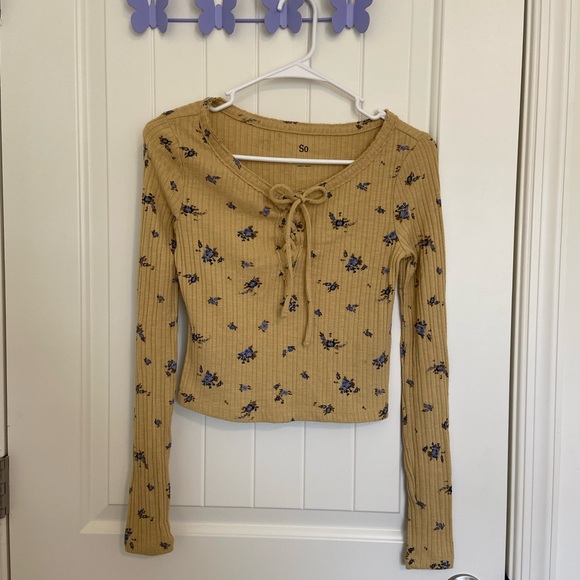 EUC SO women’s yellow blue floral ribbed‎ stretch tie cropped blouse top small - Picture 1 of 8